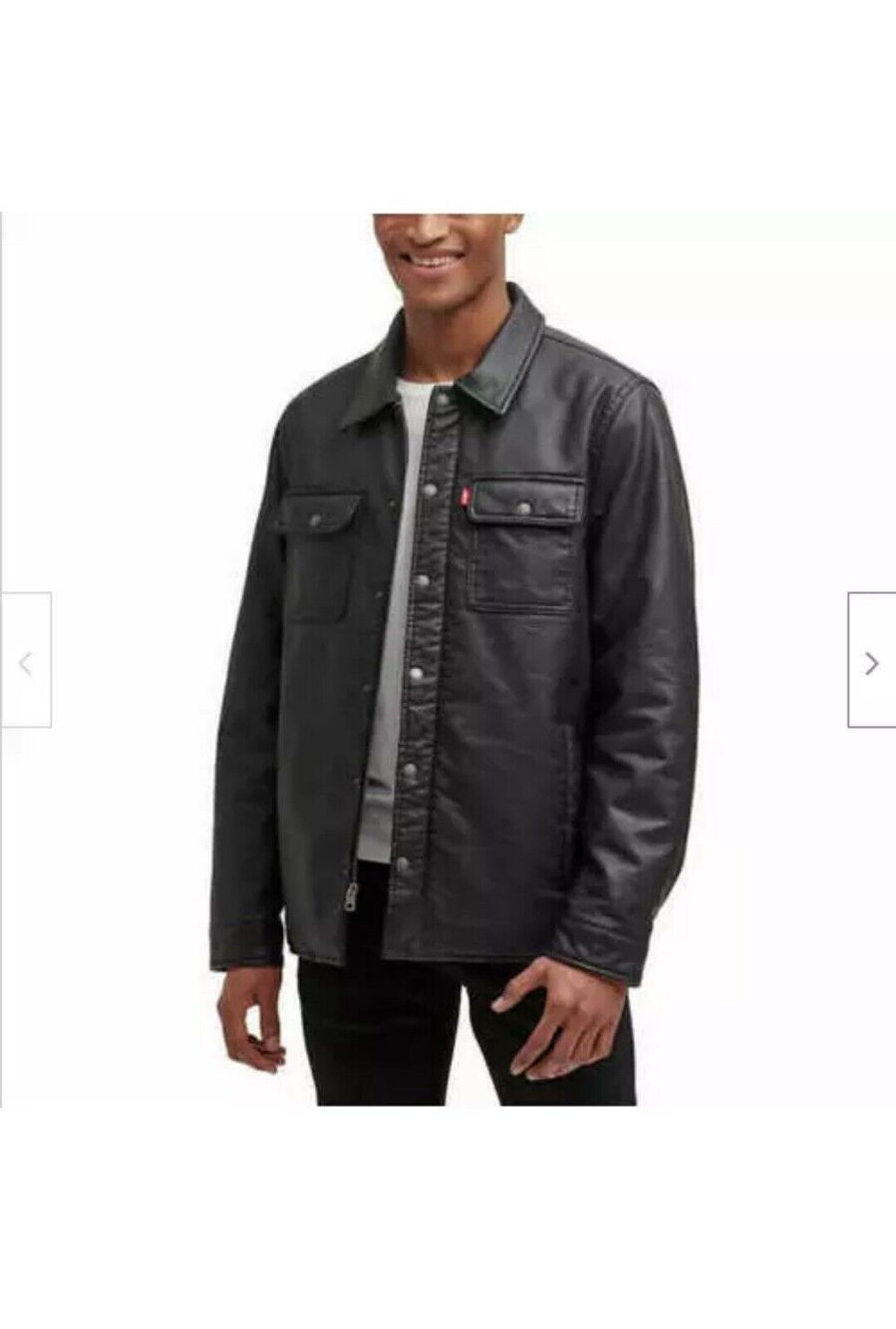 Levi's Men's Faux Leather Metal Black Sherpa Lined Trucker Jacket Coat Retro Med